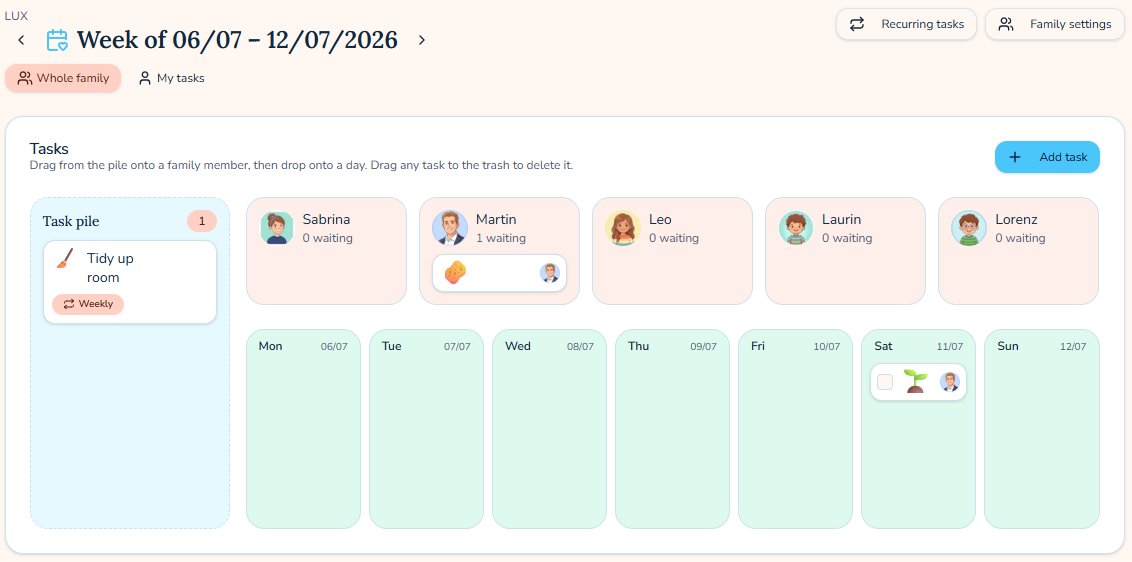 Weekly council board showing a family's tasks assigned across the week